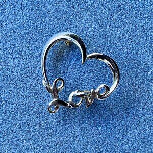 Vintage Silver Heart-shaped Brooch With “Love” Incorporated Into The Design
